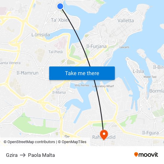 Gzira to Paola Malta map