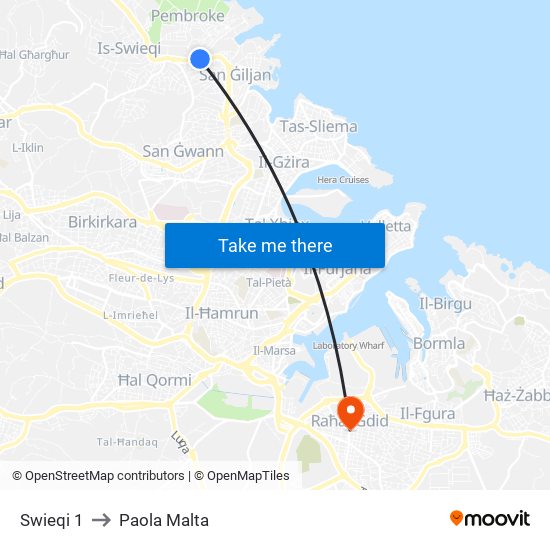 Swieqi 1 to Paola Malta map