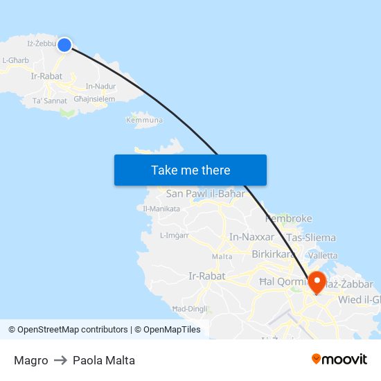 Magro to Paola Malta map