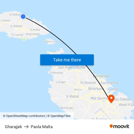 Gharajjek to Paola Malta map