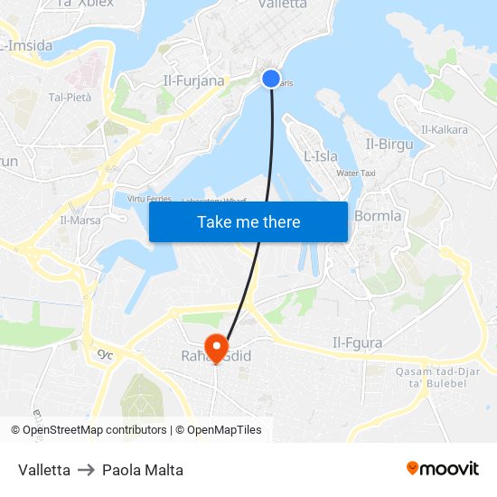 Valletta to Paola Malta map
