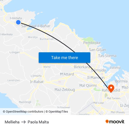 Mellieha to Paola Malta map