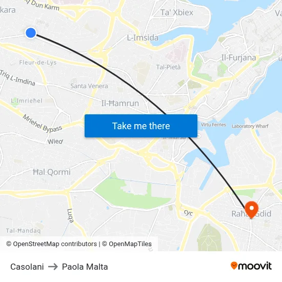 Casolani to Paola Malta map