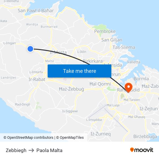 Zebbiegh to Paola Malta map