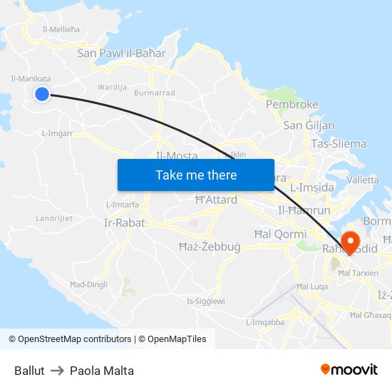 Ballut to Paola Malta map