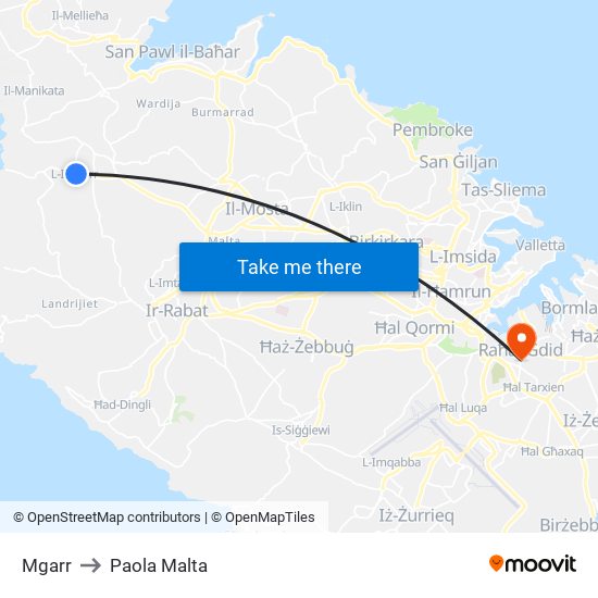 Mgarr to Paola Malta map