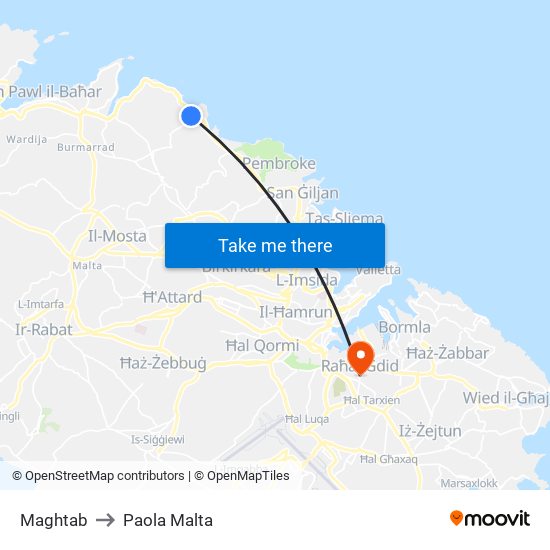 Maghtab to Paola Malta map