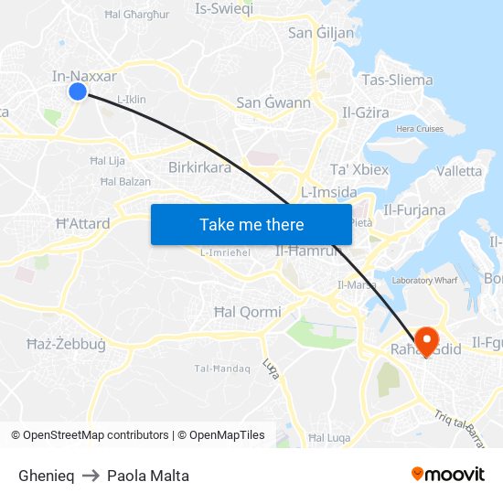 Ghenieq to Paola Malta map