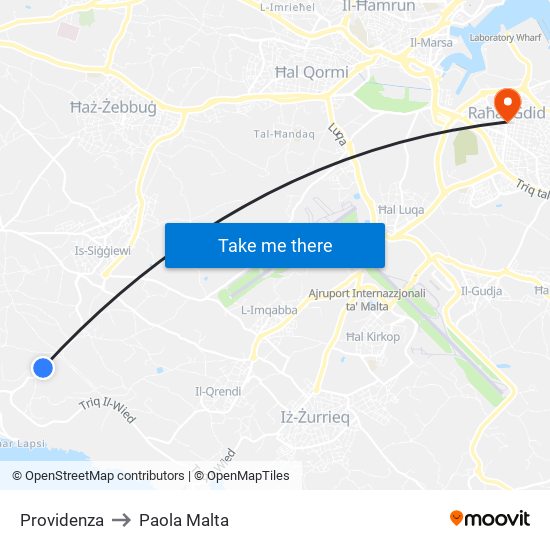 Providenza to Paola Malta map