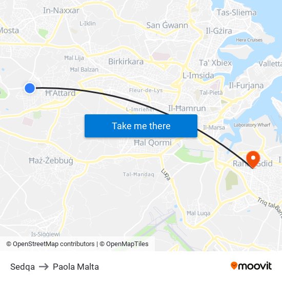Sedqa to Paola Malta map