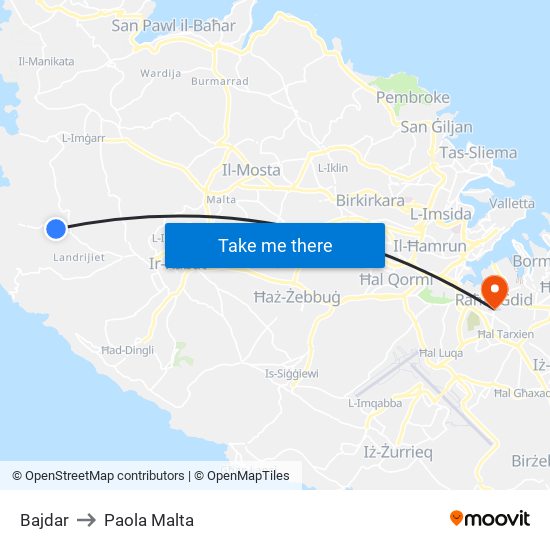 Bajdar to Paola Malta map