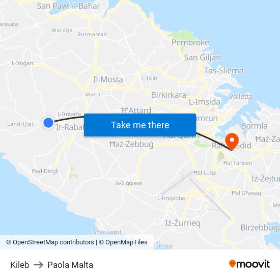 Kileb to Paola Malta map