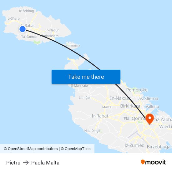 Pietru to Paola Malta map