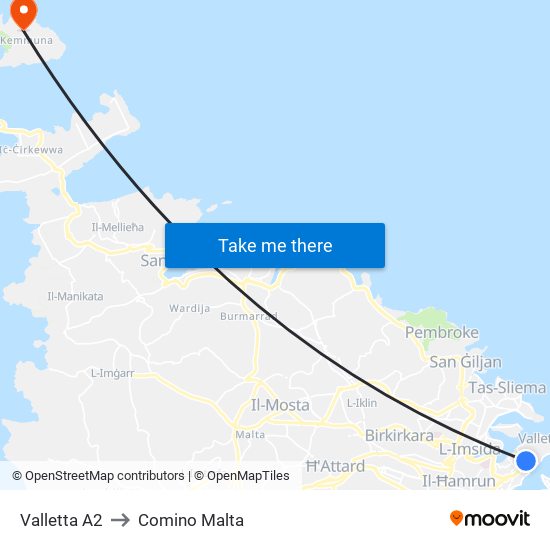 Valletta A2 to Comino Malta map