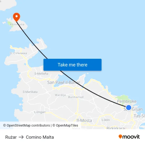 Rużar to Comino Malta map