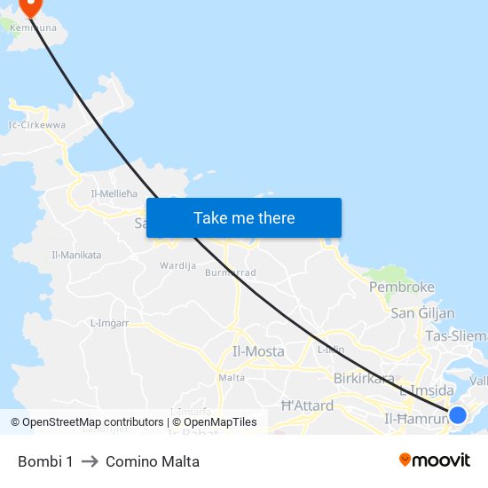 Bombi 1 to Comino Malta map