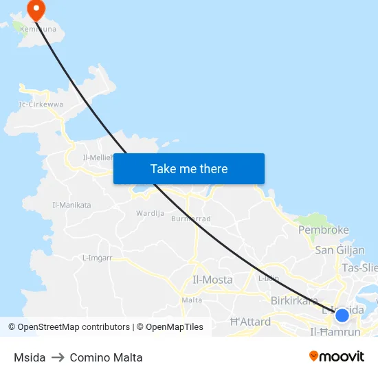 Msida to Comino Malta map