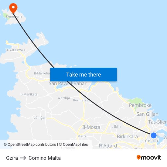 Gzira to Comino Malta map