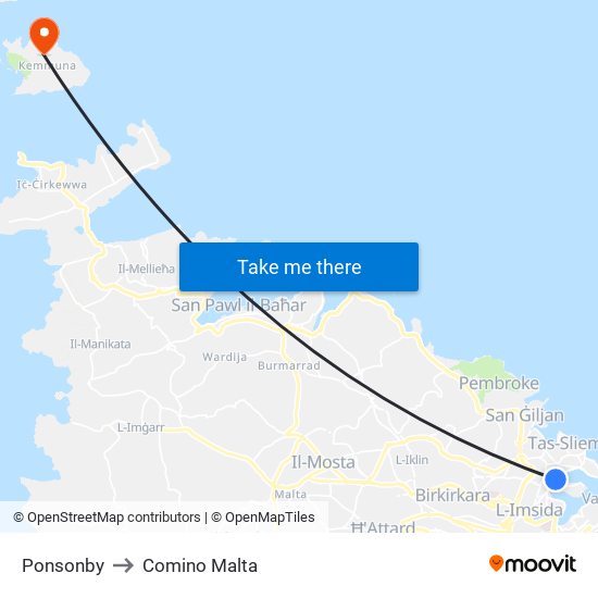 Ponsonby to Comino Malta map