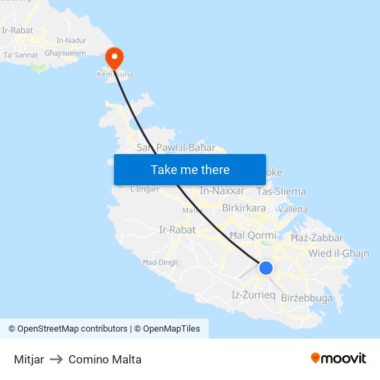 Mitjar to Comino Malta map