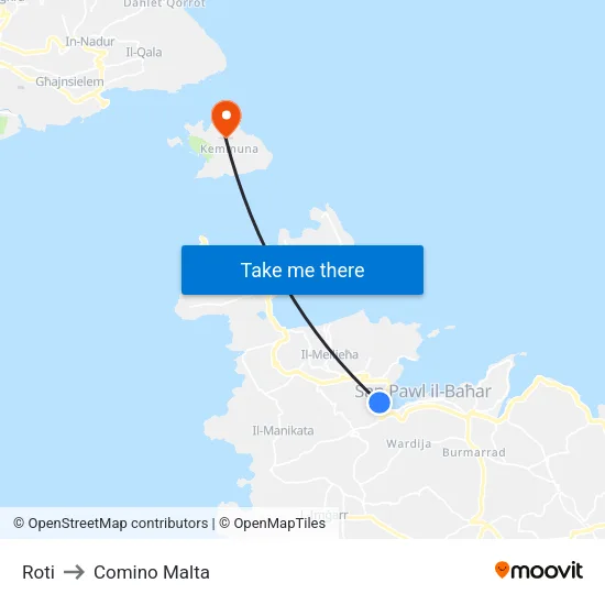 Roti to Comino Malta map