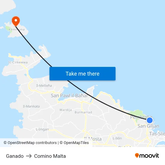 Ganado to Comino Malta map