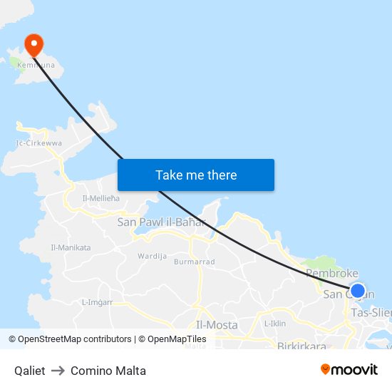 Qaliet to Comino Malta map
