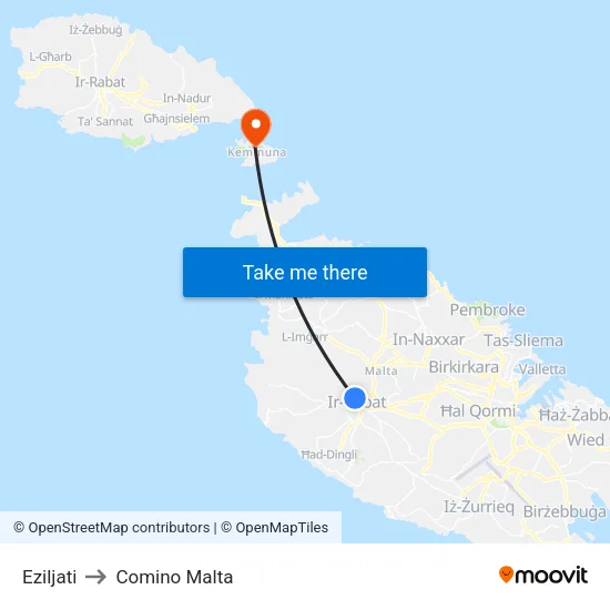 Eziljati to Comino Malta map