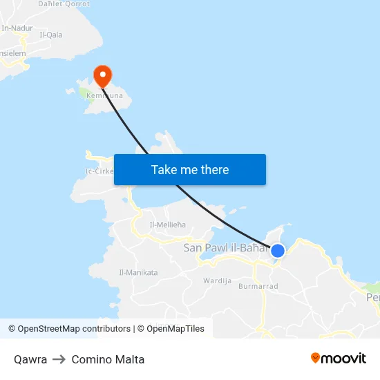 Qawra to Comino Malta map