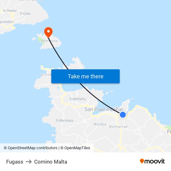 Fugass to Comino Malta map