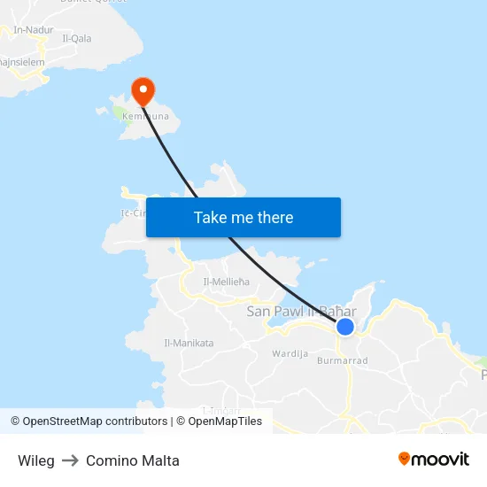 Wileg to Comino Malta map