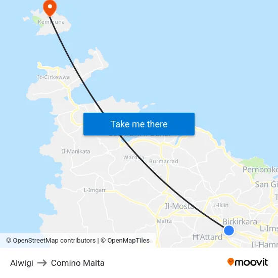 Alwigi to Comino Malta map