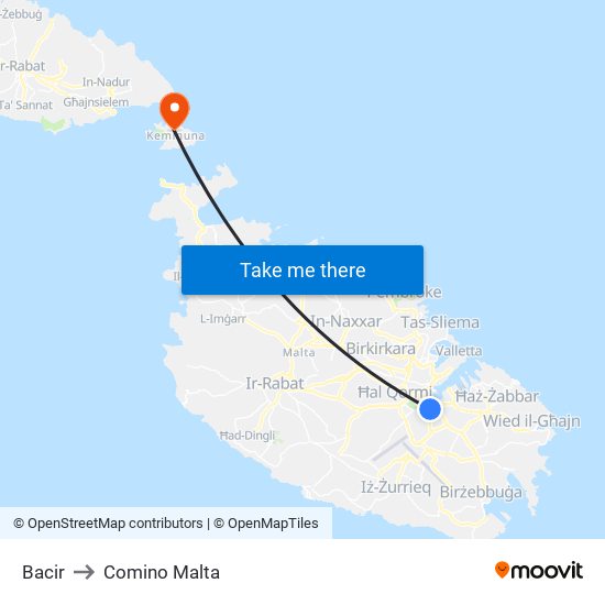 Bacir to Comino Malta map