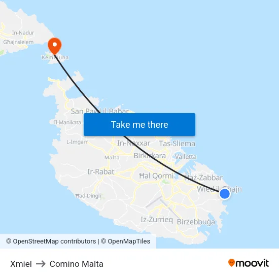 Xmiel to Comino Malta map