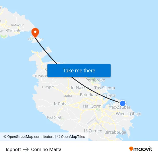 Ispnott to Comino Malta map