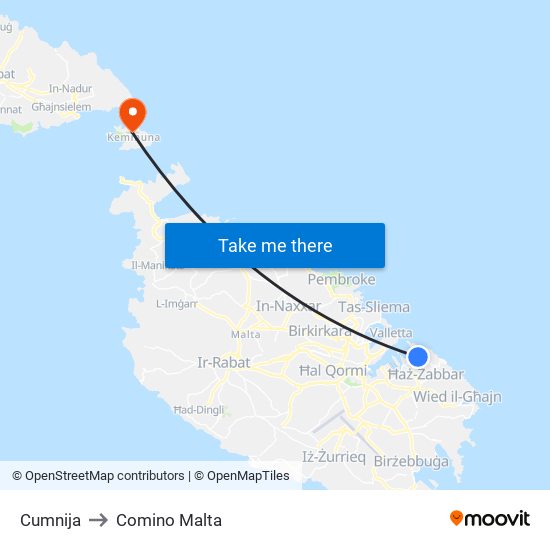 Cumnija to Comino Malta map