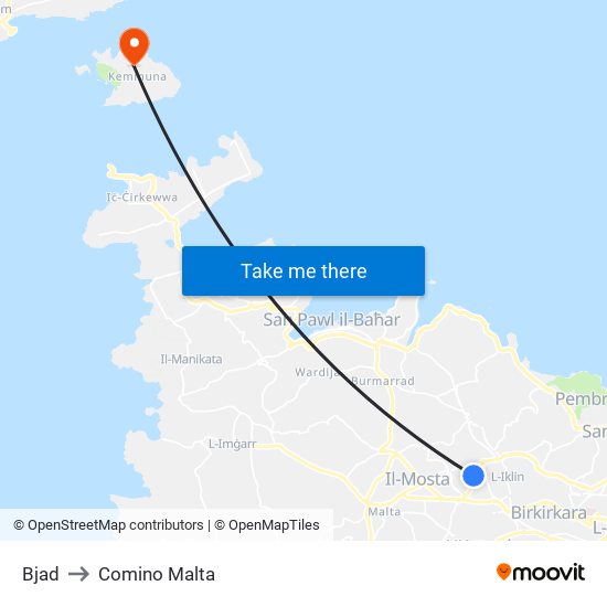 Bjad to Comino Malta map