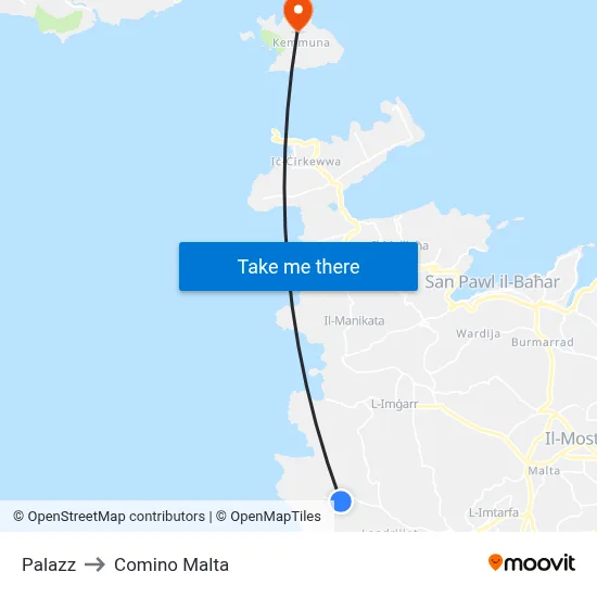 Palazz to Comino Malta map