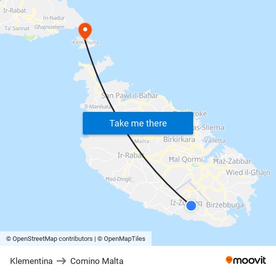 Klementina to Comino Malta map