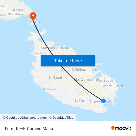 Ferretti to Comino Malta map