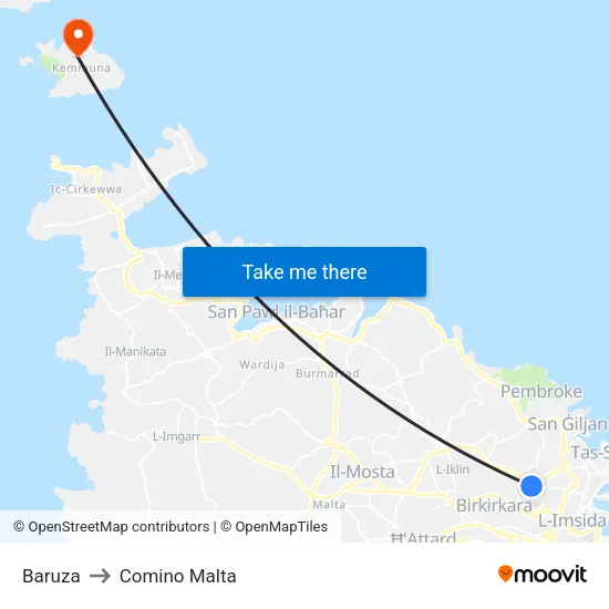 Baruza to Comino Malta map