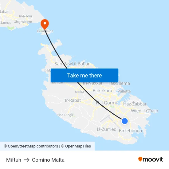 Miftuh to Comino Malta map