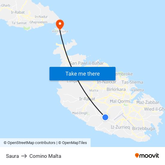 Saura to Comino Malta map