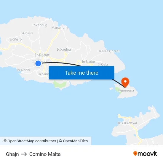 Ghajn to Comino Malta map