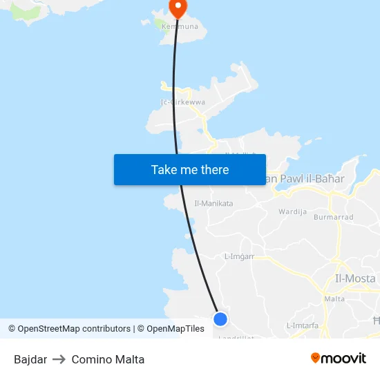 Bajdar to Comino Malta map