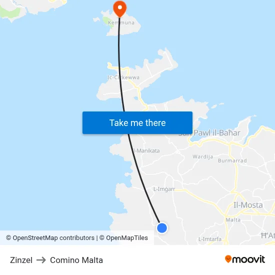Zinzel to Comino Malta map