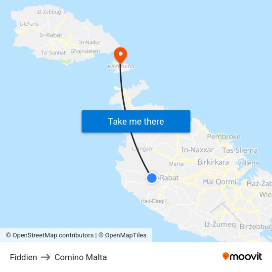 Fiddien to Comino Malta map