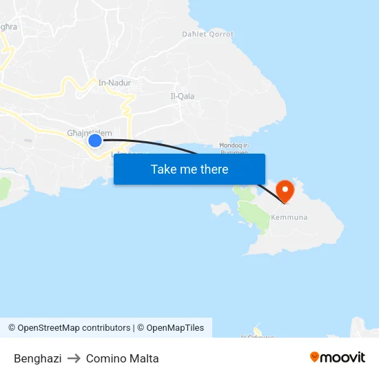 Benghazi to Comino Malta map