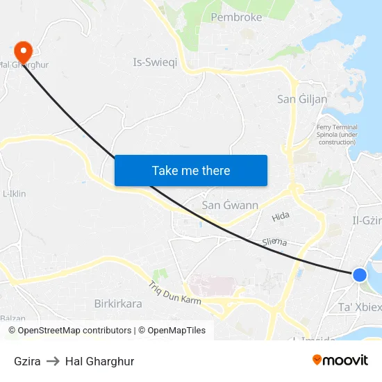 Gzira to Hal Gharghur map