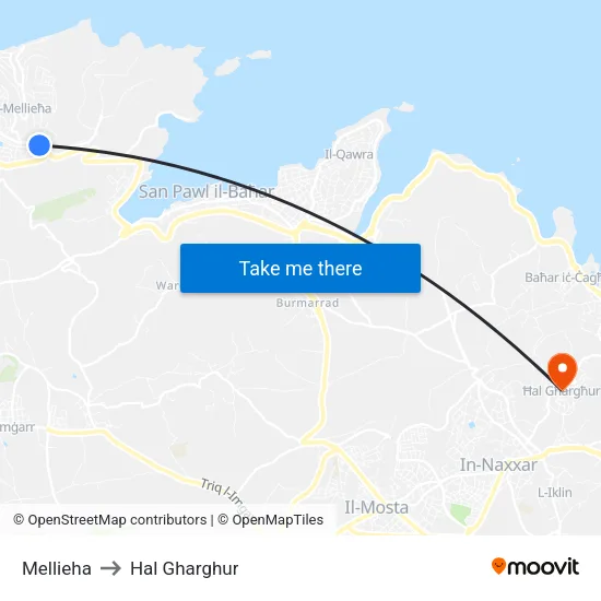 Mellieha to Hal Gharghur map
